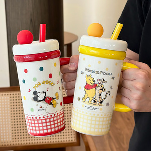 Disney Mickey <strong>Winnie</strong> <strong>Pooh</strong> Ceramic <strong>Mug</strong> With Straw And Lid Large Capacity Coffee Milk Breakfast Cup Cartoon Design Spring 2025 - Product Image 1