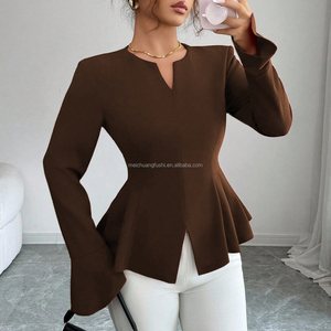 Maßgeschneiderte Langarm-Bluse mit V-Ausschnitt und <span class=keywords><strong>Peplum</strong></span> für Damen - Product Image 1