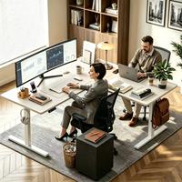 Bureau d'angle électrique en L à 3 pieds avec double moteur, réglable en hauteur, écologique, pour bureau moderne et studio