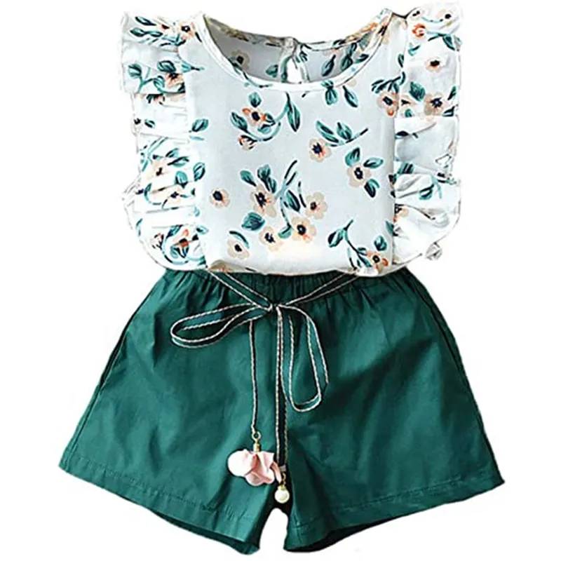 Little Kids Korte Sets Kinderen Mouwloze Print Top En Groen Shorts Baby Meisjes Kleding Set