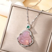 Nouveau Collier Pendentif Bouddha Bord Cristal, Chaîne en Acier Inoxydable Plaqué Argent, Pendentif Bouddha en Cuivre Imitation Jade
