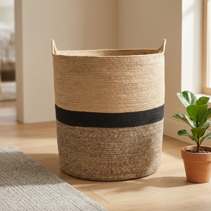 Panier à linge en jute naturel écologique, corbeille de rangement pour vêtements en corde tressée tricolore avec poignées - Product Image 5