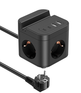 EU tiêu chuẩn Power Strip Cube ổ cắm tháp <span class=keywords><strong>3</strong></span> cửa hàng 2 USB-A & 2 USB-C sạc cổng + 2 AC du lịch trong nhà Dải với người giữ điện thoại - Product Image 4