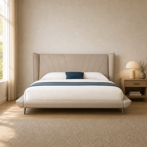 Cama contemporánea tapizada con cabecero capitoné y alas, plataforma de tela acolchada, patas de metal, tamaño King, para dormitorio de villa - Product Image 1