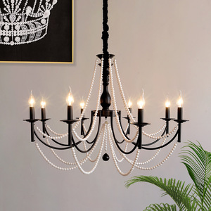 French Retro Style <b>Chandelier</b> With Pearl Beads Multi Head LED <b>Light</b> For Living Room Bedroom Home Decor - Product Image 2