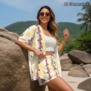Conjunto de camisa informal para <span class=keywords><strong>mujer</strong></span>, pantalones cortos de cintura alta, traje holgado con estampado de flores a cuadros para verano, para playa - Product Image 3