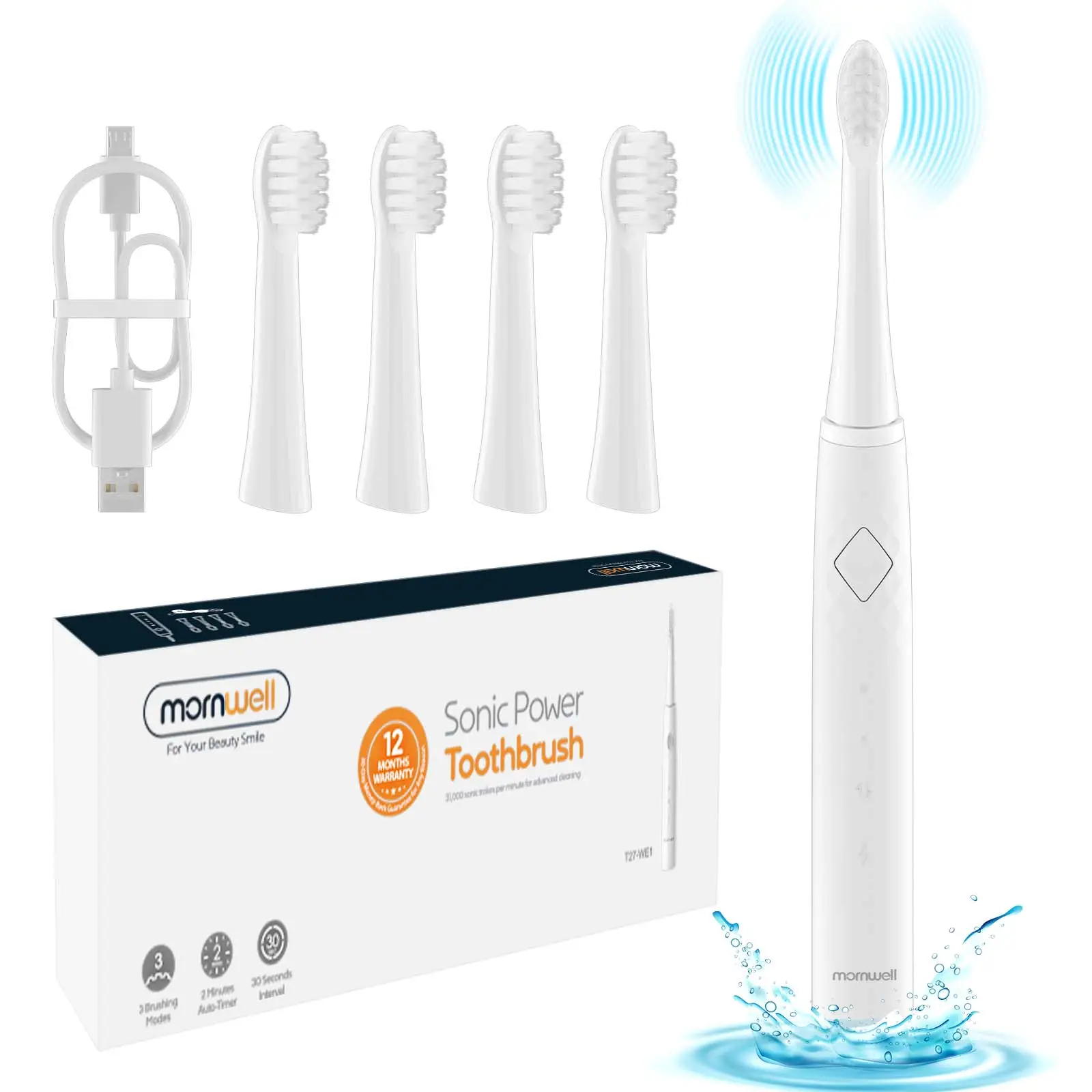 Mornwell IPX7 su geçirmez 4 değiştirilebilir fırça kafaları diş beyazlatma akıllı şarj edilebilir Sonic elektrikli diş fırçası yetişkin için