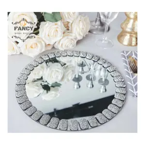 13 Inches Diamond Bling Jewel Mirror Glass Charger Plates For Wedding Table Decoration