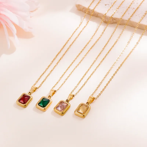 Collier élégant en acier inoxydable 304 de luxe, forme géométrique rectangulaire, vert émeraude, chaîne de clavicule, plaqué or 18 carats, bijoux pour femmes - Product Image 1
