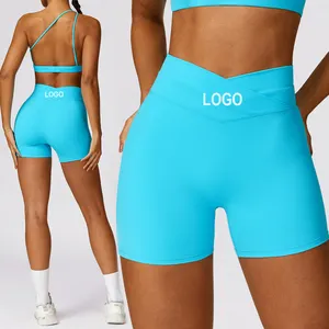 Shorts esportivos de alta qualidade para ioga e levantamento de cintura cruzada, shorts esportivos de alta qualidade com logotipo personalizado sem costura para mulheres, academia, fitness, motociclista e corrida