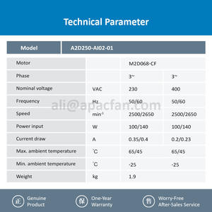 Ventilateur axial de refroidissement externe à roulement à billes pour moteur, OEM, 250 mm, 230-400 V CA, 0,35/0,20 A, 100 W, 2500 tr/min, pour A2D250-AI02-01 - Product Image 3