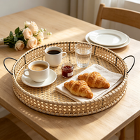 Panier de rangement rond en rotin naturel tressé à la main avec poignée pour fruits et dim sum, plateau de rangement pour bureau