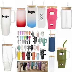 large New hot sale 32oz 40oz 50oz Glass Tumbler With Bamboo Lid Straw handle Time Marker Iced Coffee Cup BPA FREE can juice cold