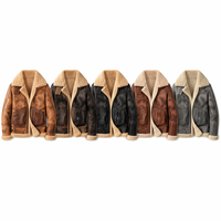 Blouson Rétro en Cuir Délavé pour Homme, Doublure Polaire Effet Peau de Mouton, Manteau Moto Biker, Veste Aviateur Marron Vieilli