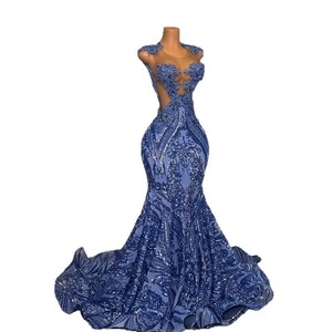 S3468L Nuovo Abito Elegante 2026 in <span class=keywords><strong>Velluto</strong></span> Blu a <span class=keywords><strong>Maniche</strong></span> <span class=keywords><strong>Lunghe</strong></span>, Stile Sirena con Vita Definita, <span class=keywords><strong>Vestito</strong></span> da Sera - Product Image 5