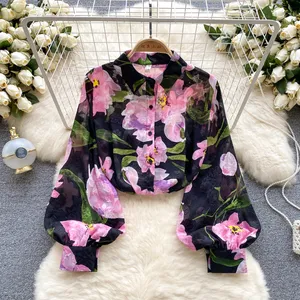 French Retro Floral Shirt Women's Summer Polo Collar Lantern Sleeve Design Blouses Female Chic Loose Printed Top