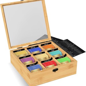 <b>Wooden</b> Tea Bag <b>Storage</b> Box With Acrylic Lid 9 Compartments For Office Kitchen Coffee And Tea Organization - Product Image 1