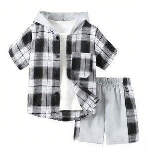 Ensemble de vêtements d'été pour garçon, <span class=keywords><strong>chemise</strong></span> à manches courtes à <span class=keywords><strong>carreaux</strong></span> à capuche + short, 2 pièces, vêtements pour enfants - Product Image 5