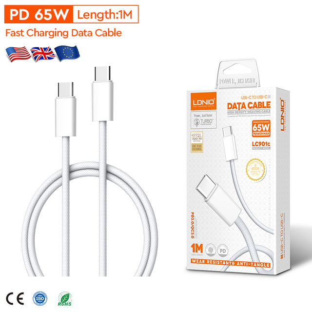 LDNIO LC901C Wholesale OEM 1m 65W Type-C to Type-C Cable Support PD and QC Fast Charging Usb Data Cable for Mobile Phone