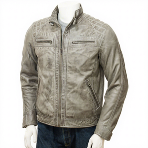 <b>Mens</b> Real Grey Leather <b>Jacket</b> Distressed Stand Collar Quilted Shoulder Zip Pockets Sheepskin Biker Coat Custom Winter Outerwear - Product Image 1
