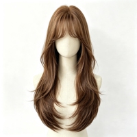 Perruque droite superposée style coréen avec frange aérienne, châtain clair, ligne de cheveux naturelle, pour usage quotidien et séances photo