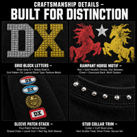 Sweat-shirt ras du cou en molleton vieilli 380 GSM personnalisé, avec logo en blocs superposés et bordure motif cheval rampant, fabrication OEM ODM, étiquette pour marques