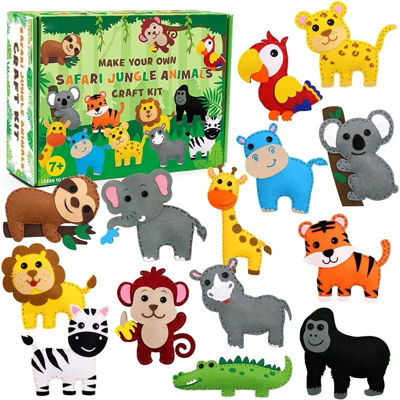 Safari Jungle Animals Sewing Craft Kit DIY Kids Craft and Sew Set Educational Sewing Stuffed Animal Plush Ornaments Set of 14