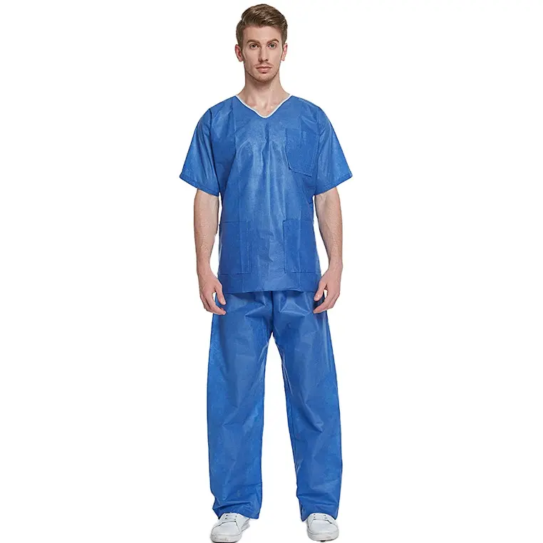 MOQ-1set Disposable Scrub Suit Hospital Non Woven Medical Scrub Suits Set With Short Sleeves with pant