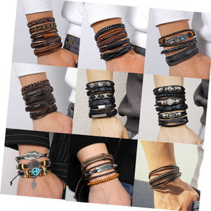 Kisswife ชุดสร้อยข้อมือหนังสีดำแนววินเทจสำหรับผู้ชายสร้อยข้อมือลูกปัดนกฮูกใบรูปสมอเรือ - Product Image 2