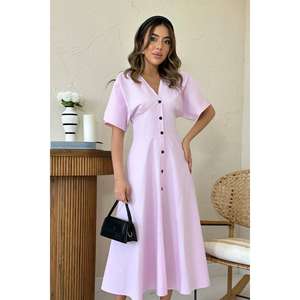 Vestido Midi Rosa con Cuello en V, Corte en A, Cintura Natural, Popelina Tejida, Informal, para Uso Diario, Transpirable, Estilo Simple - Product Image 3