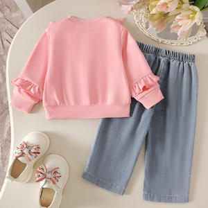 2025 가을 유아 아이 핑크 리본 프릴 운동복 + 활 청바지 2 개 유아 캐주얼 복장 세트 - Product Image 3