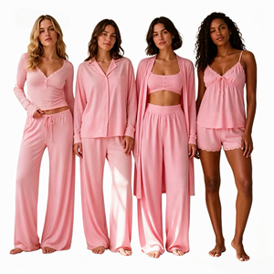 Set <span class=keywords><strong>Pigiama</strong></span> <span class=keywords><strong>Donna</strong></span> in Morbido Modal a Costine Personalizzato OEM, <span class=keywords><strong>Blu</strong></span> Chiaro, 4 Stili, Abbigliamento Lounge con Canotta, Cardigan e Pantaloni per Uso Quotidiano, Spa e Casa - Product Image 2