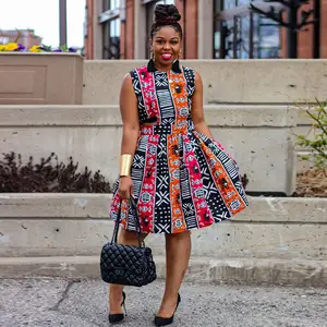 Poches sans manches robe africaine conceptions taille mince robe d'été impression couleur contraste Patchwork femmes robe trapèze