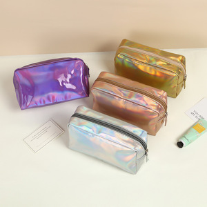 Borsa cosmetica di alta qualità con Logo personalizzato olografico argento viola eco-friendly impermeabile con cerniera in Denim Mesh oro rosa - Product Image 1