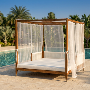 Luxury Teak Canopy Daybed Outdoor Patio <b>Bed</b> with Foam Cushion Modern Design Resort Style Sun Lounge <b>for</b> Villa & Hotel Use - Product Image 3