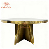 Table de mariage moderne de luxe en verre avec structure en acier inoxydable doré, mobilier d'hôtel écologique, tables rondes pour événements et mariages