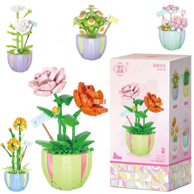 Conjunto de blocos de construção de plantas em vasos de flores DIY, quebra-cabeça educacional de tijolos florais eternos feitos à mão para crianças, presente para crianças
