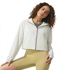 <b>Women</b> <b>Lightweight</b> Cropped Hooded Racer <b>Jacket</b> Zip Up Long Sleeve Windproof Solid Color Outerwear for <b>Summer</b> Casual Wear - Product Image 3