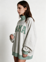 Sweat-shirt à col montant brodé patchwork pour femme, en molleton de coton, manches longues, design patchwork vintage, pull-over OEM
