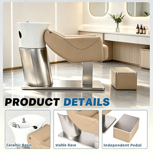 Fauteuil de lavage moderne inclinable avec bac en céramique et station de lavage en acier inoxydable pour salon de coiffure et spa de beauté - Product Image 3