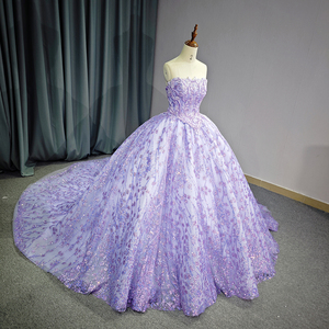 Pour 6731 élégant lilas bateau cou paillettes Appliques cristal robe de bal chapelle Train parole longueur fête robe de soirée - Product Image 1