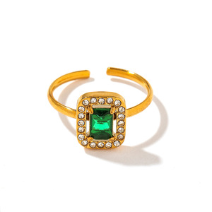 Open <b>Ring</b> Square Green Zircon Pave Setting 18k Gold Plated <b>Titanium</b> Steel Women's Party Jewelry - Product Image 4
