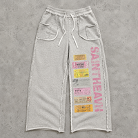 Pantalon de survêtement ample gris chiné en molleton de coton, coupe large, avec cordon de serrage, poches plaquées et imprimé graphique, style streetwear décontracté, OEM ODM