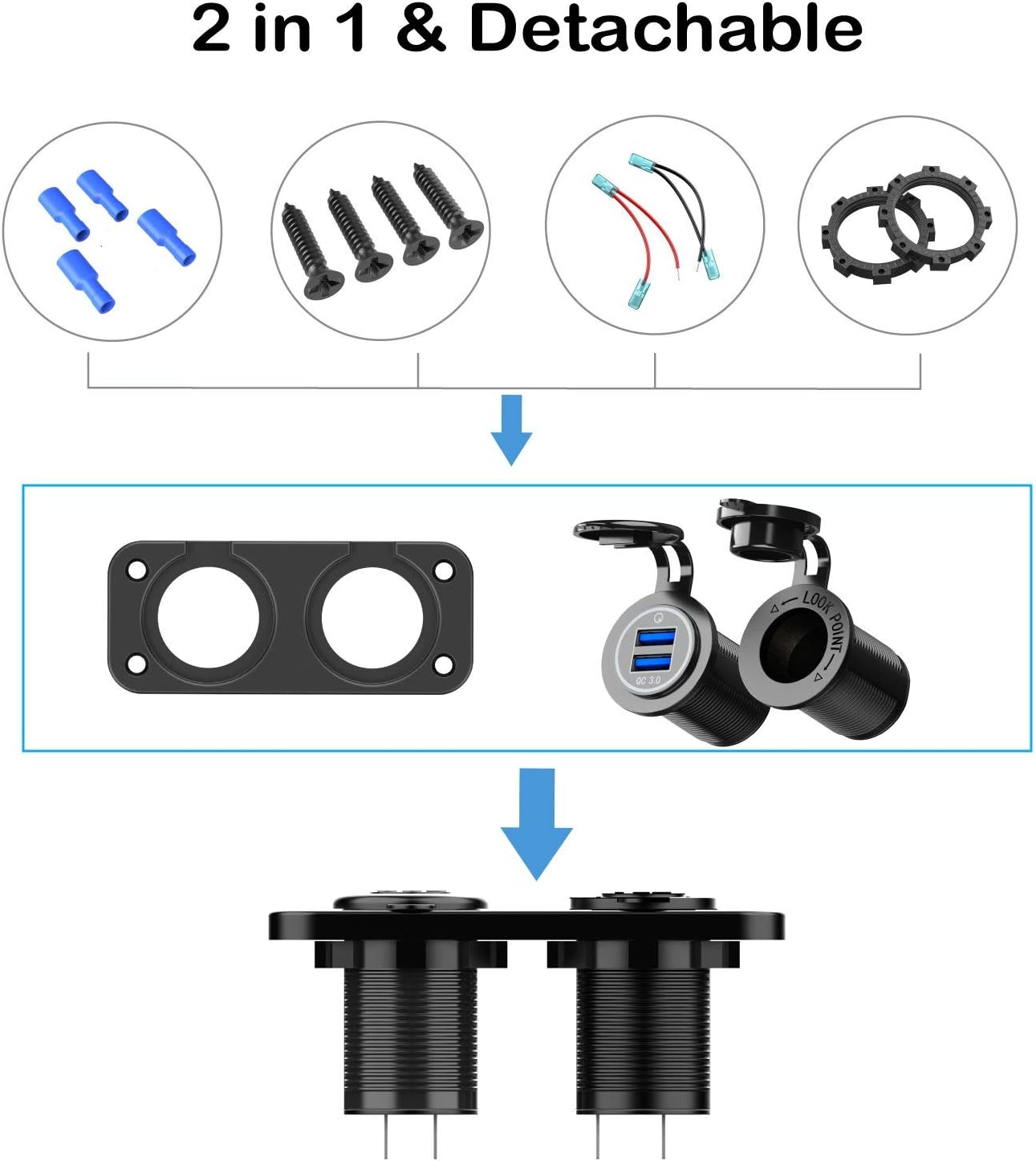 Presa USB Auto 12V/24V Con Doppia Porta QC 3.0 E USB C PD3.0 – Kit Ricambio Accendisigari Con Voltmetro E Interruttore Per Auto, Barca, Camper - 4