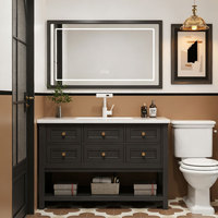Meuble-lavabo de salle de bain traditionnel noir mat sur pied avec plusieurs tiroirs et rangements ouverts, taille personnalisée, achat en gros