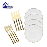 Ensemble d'argenterie de Style court classique allemagne magnifique ensemble de dîner de Table couteau à Steak cuillère à dîner avec nouvel ensemble d'assiettes en porcelaine osseuse 12