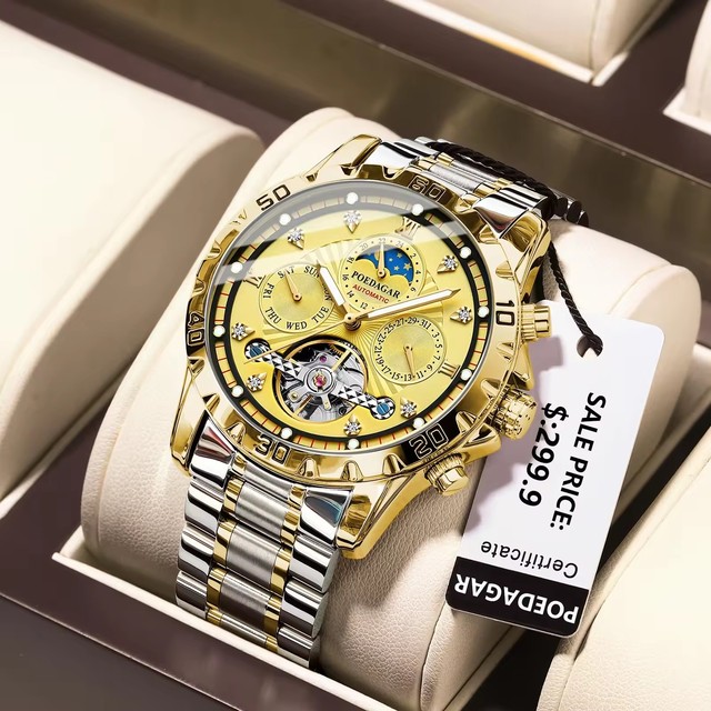 POEDAGAR 1412 Gold Tourbillon Stainless Steel Strap Luminous Moon Phase Waterproof Shock Resistant Clock Men's Mechanical Watch
