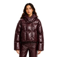 Veste matelassée à capuche pour femme, bordeaux foncé, en similicuir, manteau d'hiver brillant, isolé, matelassé, style bomber, parka, vêtement d'extérieur