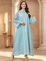 Abaya de Dubaï pour femmes, col montant, encolure en V, manches évasées, kaftan, broderie florale 3D avec strass, robe longue musulmane