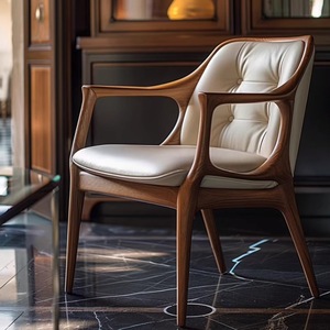 北欧ミニマリスト木製アームチェア ミニマリストホーム ソリッドウォールナットウッド レザーバックチェア - Product Image 3